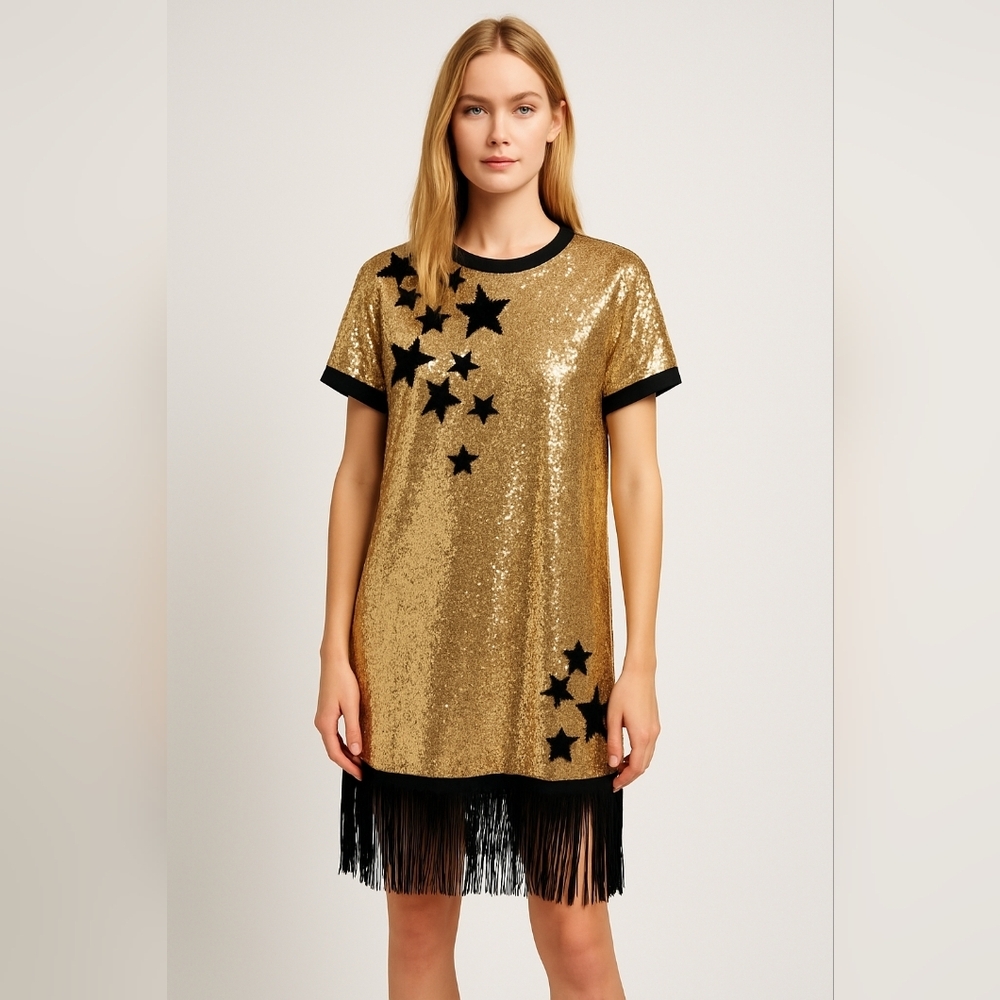 Vanilla Bay Gold Sequin Star Dress Large Black Fringe Hem Party Holiday Glam